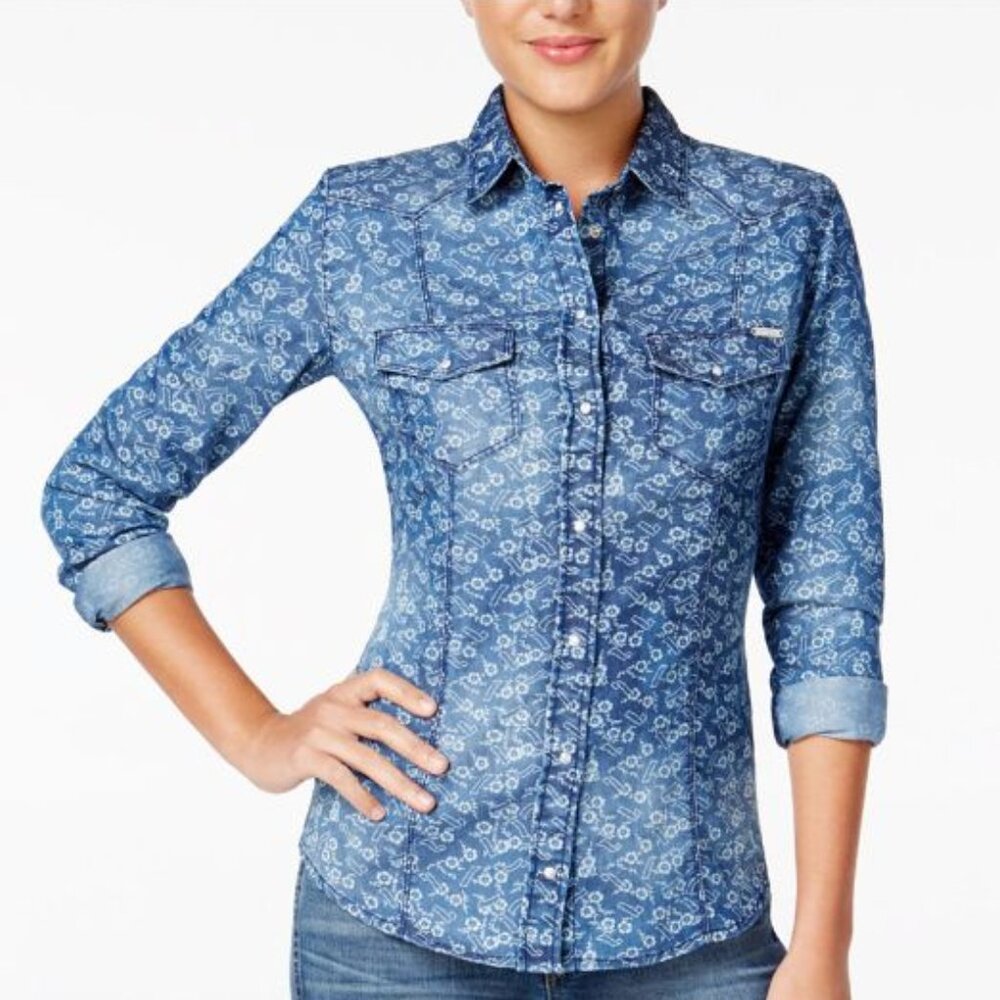 GUESS Lalima Blue Denim Printed Floral Flower Faux Pearls Casual Shirt Top RARE